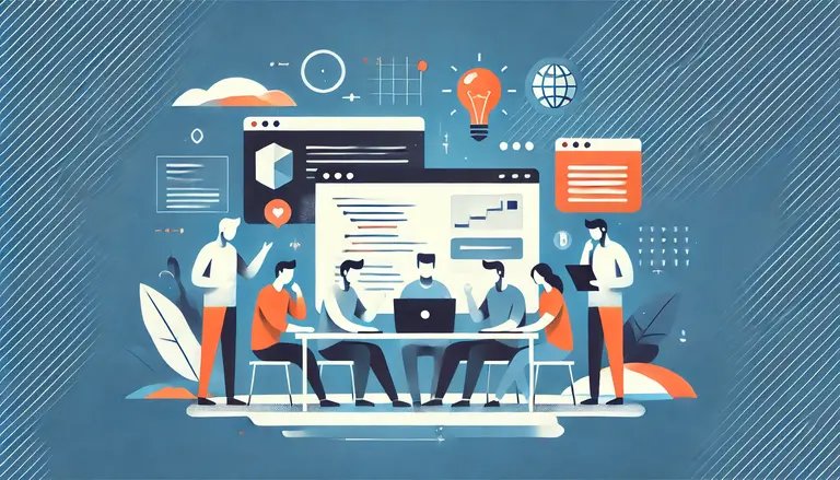 Minimalist illustration of a team of software engineers collaborating on a research, on a blue background