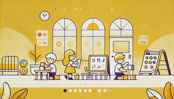 Illustration three kids in a nursery school setting, yellow background