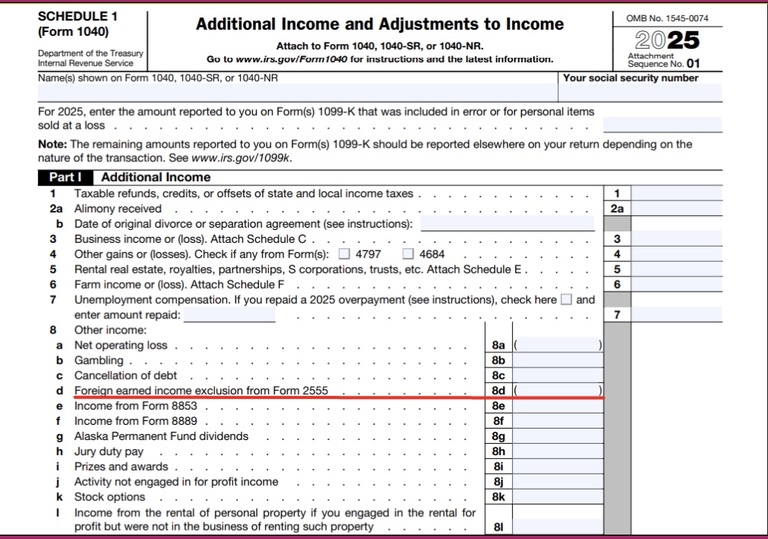  Schedule 1 with line 8d highlighted. Label it Form 1040 Schedule 1 - Line 8d (FEIE Entry)