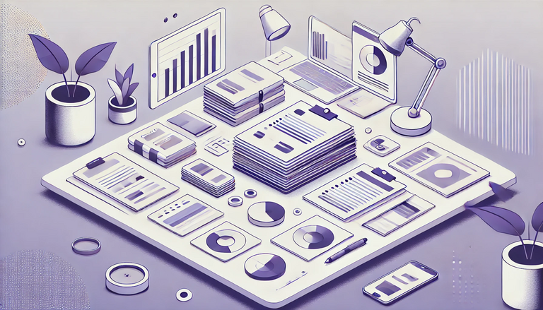 Tax documents on a table, flat vector illustration, violet background