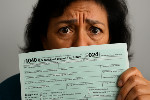 A woman holding the form 1040 with dread