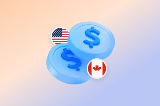 Image dollar signs, US and Canada flags, finance and double taxation concept