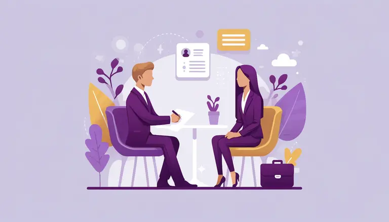 UI illustration of a woman interviewing a candidate for a job position in a flat illustration style