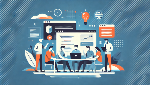 Minimalist illustration of a team of software engineers collaborating on a research, on a blue background