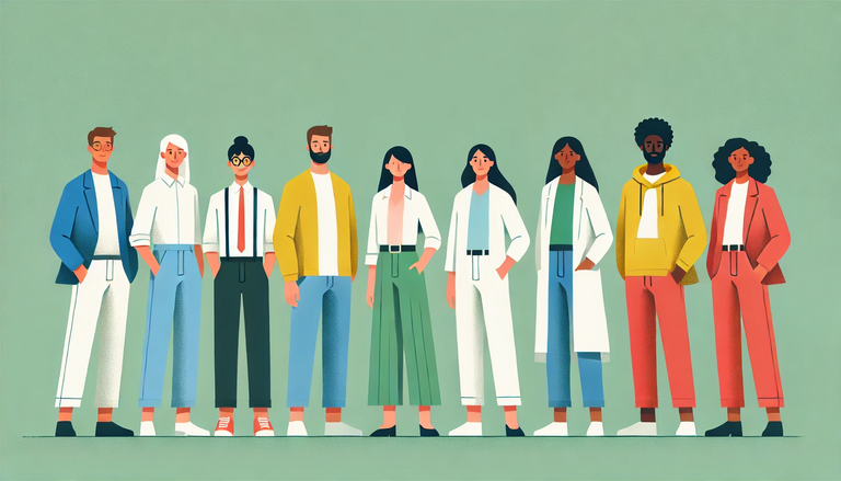 Illustration of diverse employees of different ages standing together in a group on a clean green background