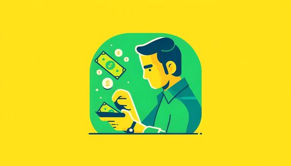 Illustration of a man counting dollars, yellow background, green colors