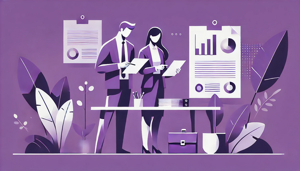 Illustration of two business owners looking at their tax documents on a violet background